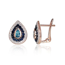 Gold earrings with 'english' lock, Red Gold 585 fineness, Rhodium (Plating) , Diamonds , Sapphire , Blue Topaz