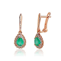 Gold earrings with 'english' lock, Red Gold 585 fineness, Rhodium (Plating) , Diamonds , Emerald