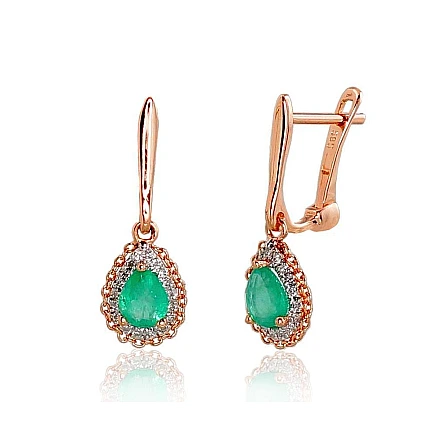 English lock,  - Gold earrings with english lock, Red Gold 585 fineness, Rhodium (Plating) , Diamonds , Emerald