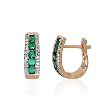 Gold earrings with 'english' lock, Red Gold 585 fineness, Rhodium (Plating) , Diamonds , Emerald