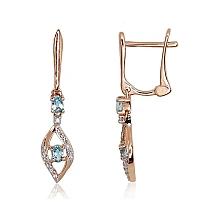 Gold earrings with 'english' lock, Red Gold 585 fineness, Rhodium (Plating) , Diamonds , Blue Topaz
