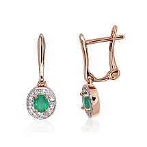 Gold earrings with 'english' lock, Red Gold 585 fineness, Rhodium (Plating) , Diamonds , Emerald