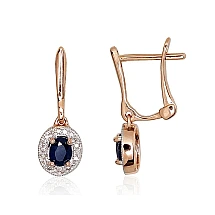 Gold earrings with 'english' lock, Red Gold 585 fineness, Rhodium (Plating) , Diamonds , Sapphire