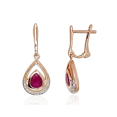 Gold earrings with 'english' lock, Red Gold 585 fineness, Rhodium (Plating) , Diamonds , Ruby