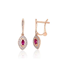 Gold earrings with 'english' lock, Red Gold 585 fineness, Rhodium (Plating) , Diamonds , Ruby