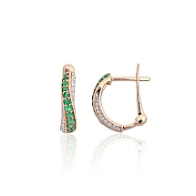 Gold earrings with 'english' lock, Red Gold 585 fineness, Rhodium (Plating) , Diamonds , Emerald