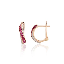 Gold earrings with 'english' lock, Red Gold 585 fineness, Rhodium (Plating) , Diamonds , Ruby