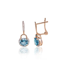 Gold earrings with 'english' lock, Red Gold 585 fineness, Rhodium (Plating) , Diamonds , Blue Topaz