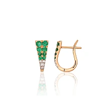 Gold earrings with 'english' lock, Red Gold 585 fineness, Rhodium (Plating) , Diamonds , Emerald