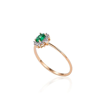 С драгоценными камнями,  - Золотое кольцо, 16, 0.76 g, Красное Золото 585 проба, родий (покрытие) , Бриллианты , Изумруд