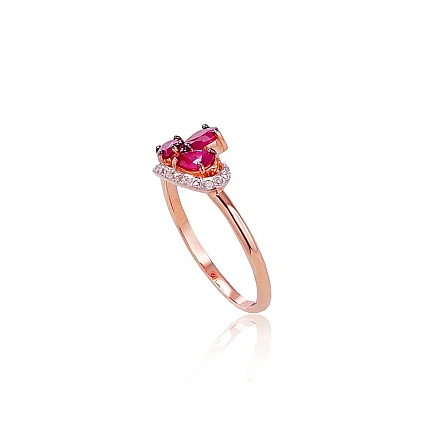With precious stones,  - Gold ring, 15.5, 1.82 g, Red Gold 585 fineness, Rhodium (Plating) , Diamonds , Ruby