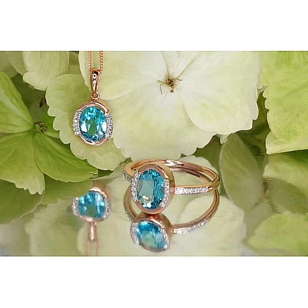 With precious stones,  - Gold ring, 17.5, 2.34 g, Red Gold 585 fineness, Rhodium (Plating) , Diamonds , Blue Topaz