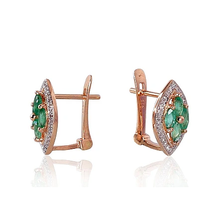 English lock,  - Gold earrings with english lock, 2.57 g, Red Gold 585 fineness, Rhodium (Plating) , Diamonds , Emerald
