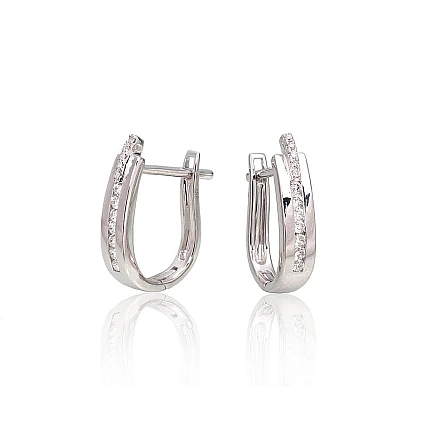 English lock,  - Gold earrings with english lock, 2.19 g, White Gold 585 fineness, Diamonds