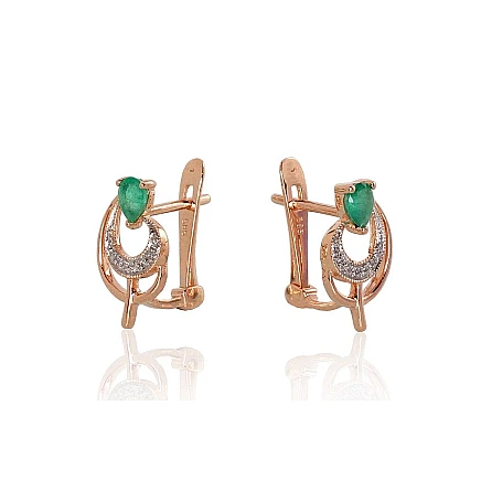English lock,  - Gold earrings with english lock, 2.13 g, Red Gold 585 fineness, Rhodium (Plating) , Diamonds , Emerald