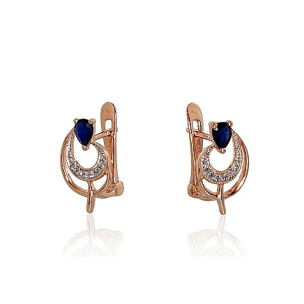 English lock,  - Gold earrings with english lock, 2.28 g, Red Gold 585 fineness, Rhodium (Plating) , Diamonds , Sapphire