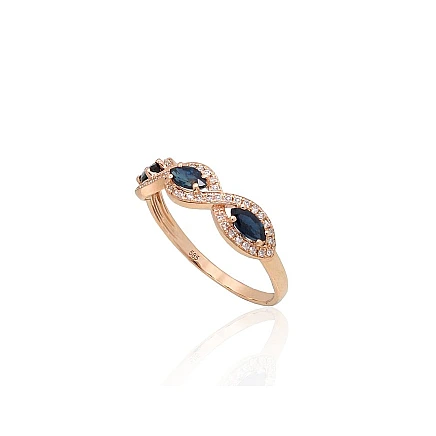 Gold ring, Red Gold 585 fineness, Diamonds, Sapphire