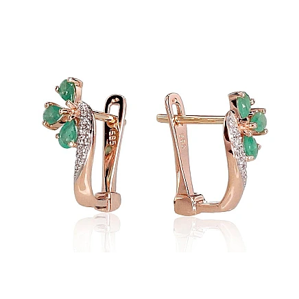 English lock,  - Gold earrings with english lock, Red Gold 585 fineness, Rhodium (Plating) , Diamonds , Emerald